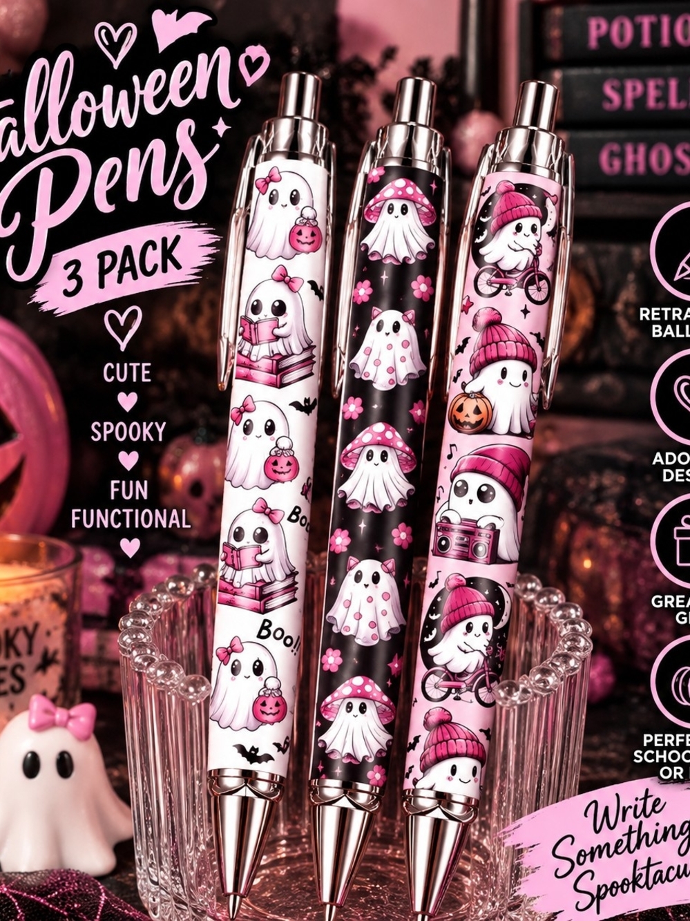 Halloween Ghost Pens - 3 Pack Pink & Black Retractable Ballpoint